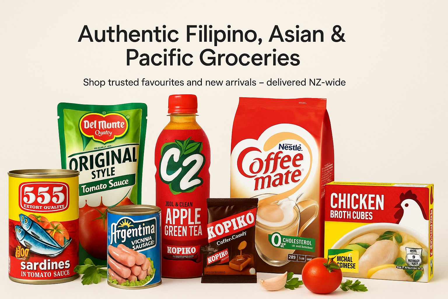 Filipino and Asian grocery essentials banner with delivery NZ-wide.